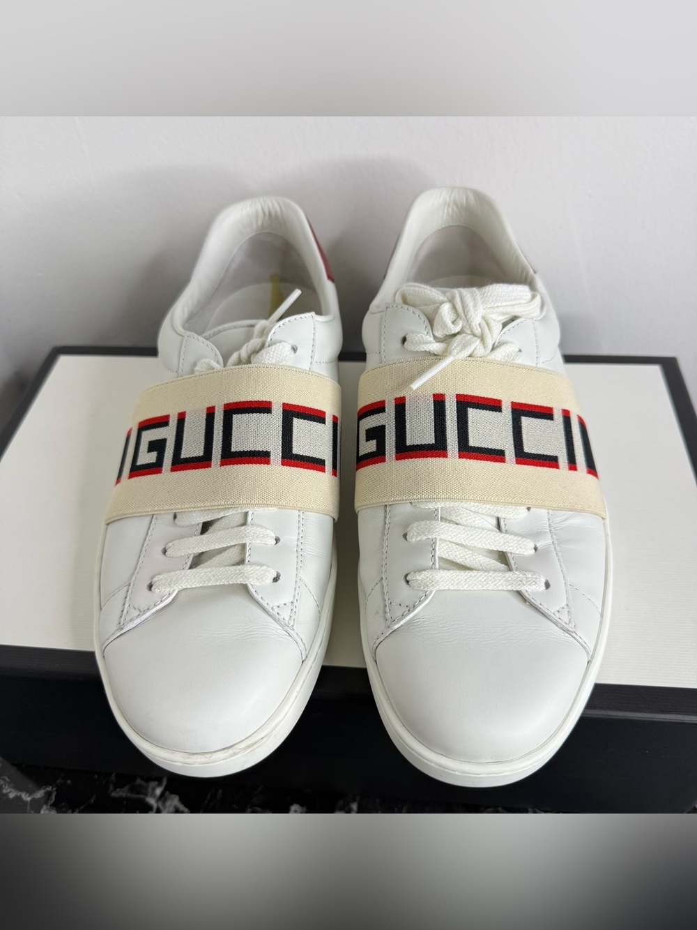 Gucci Ace Elastic Band Sneakers Mens Size 6 White Red Leather Low Top 523469